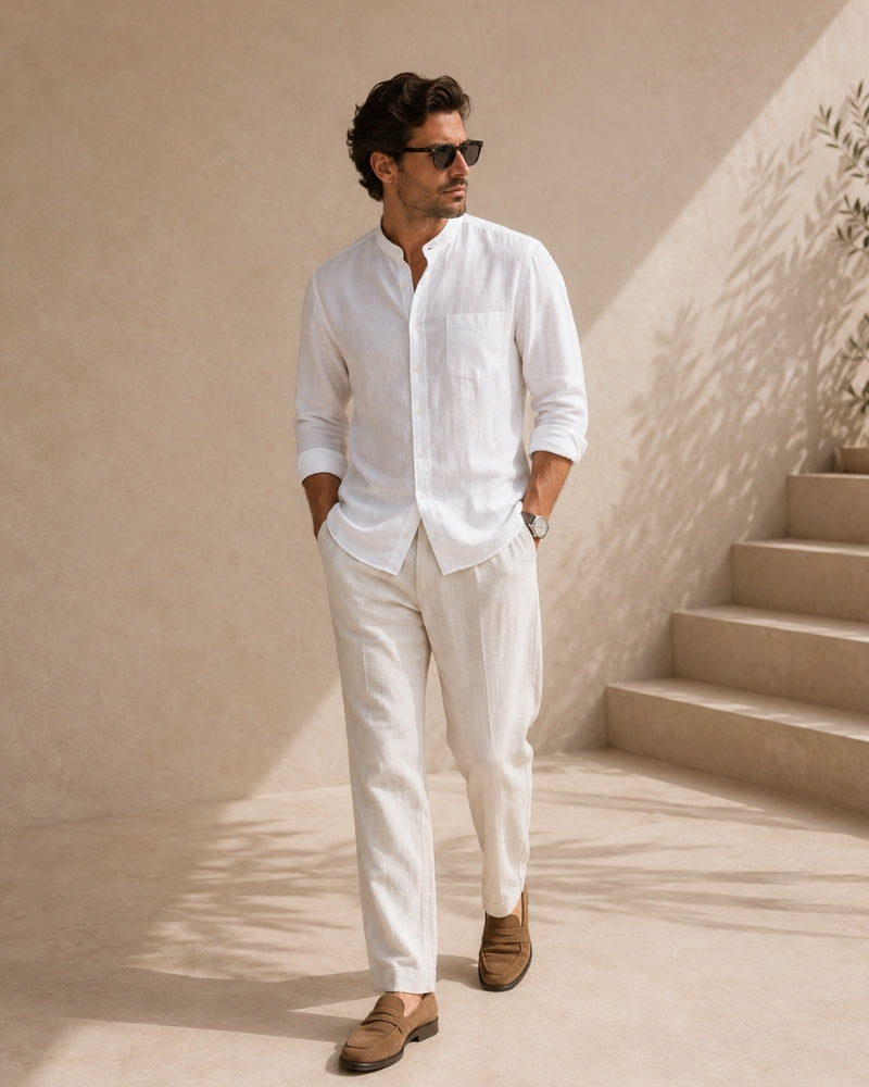 Men's Mandarin Collar Shirt with Relaxed Textured Weave
