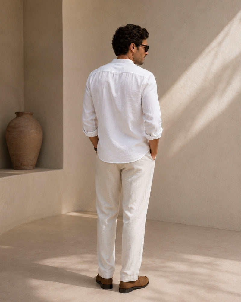 Men's Mandarin Collar Shirt with Relaxed Textured Weave