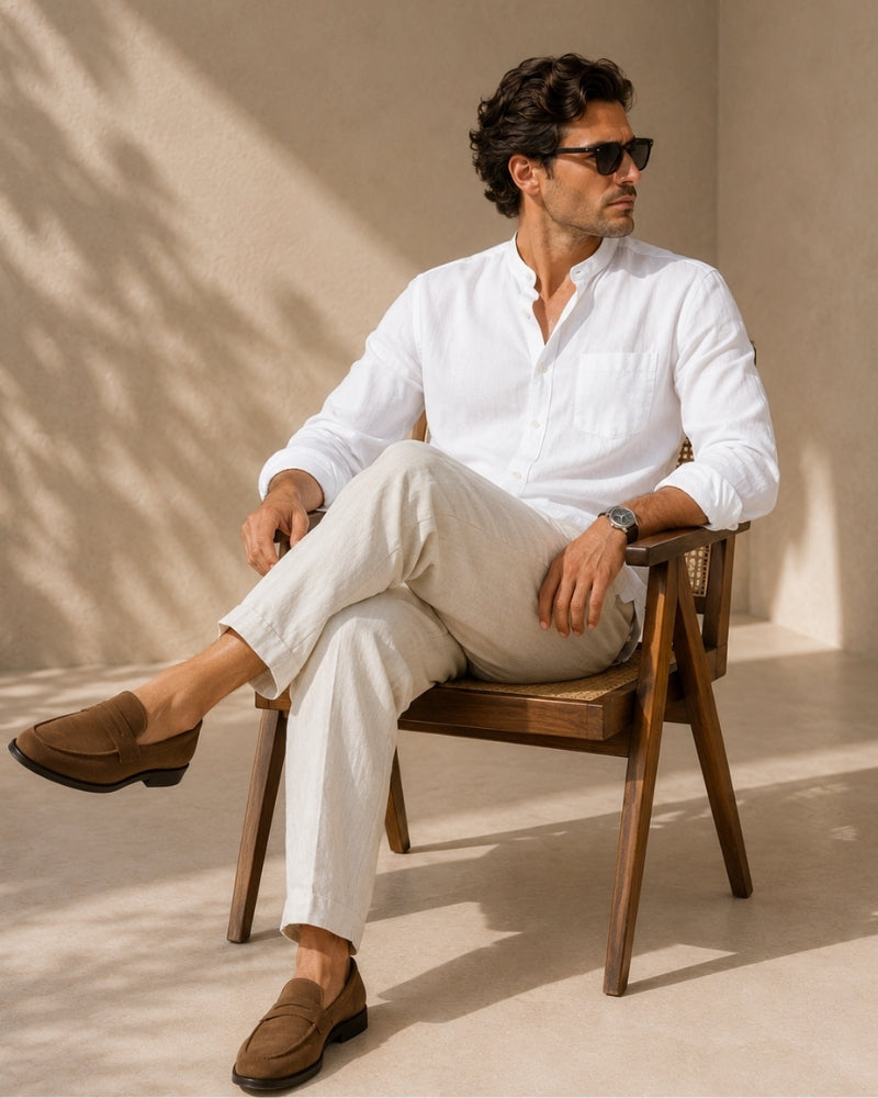 Men's Mandarin Collar Shirt with Relaxed Textured Weave