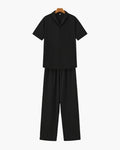 Men's Matching Polo and Trouser Set with Camp Collar - Black