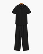 Men's Matching Polo and Trouser Set with Camp Collar - Black