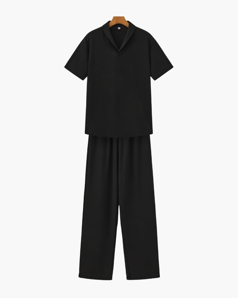 Men's Matching Polo and Trouser Set with Camp Collar - Black