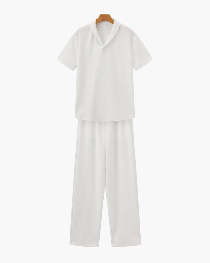 Men's Matching Polo and Trouser Set with Camp Collar - White