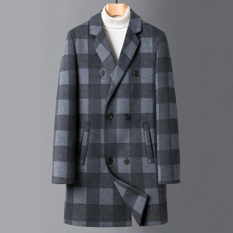 Men's Plaid Overcoat with Notched Lapels and Quilted Lining - Slate Gray