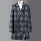 Men's Plaid Overcoat with Notched Lapels and Quilted Lining - Slate Gray