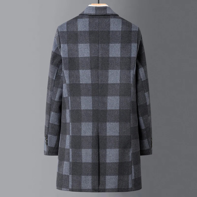 Men's Plaid Overcoat with Notched Lapels and Quilted Lining