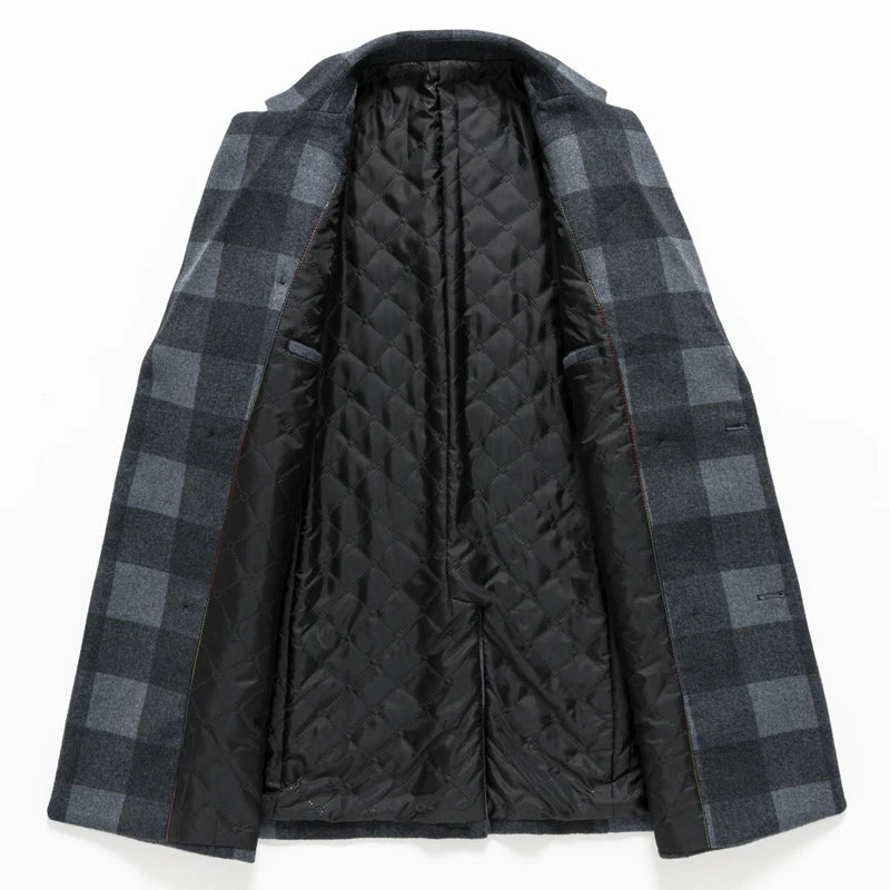 Men's Plaid Overcoat with Notched Lapels and Quilted Lining