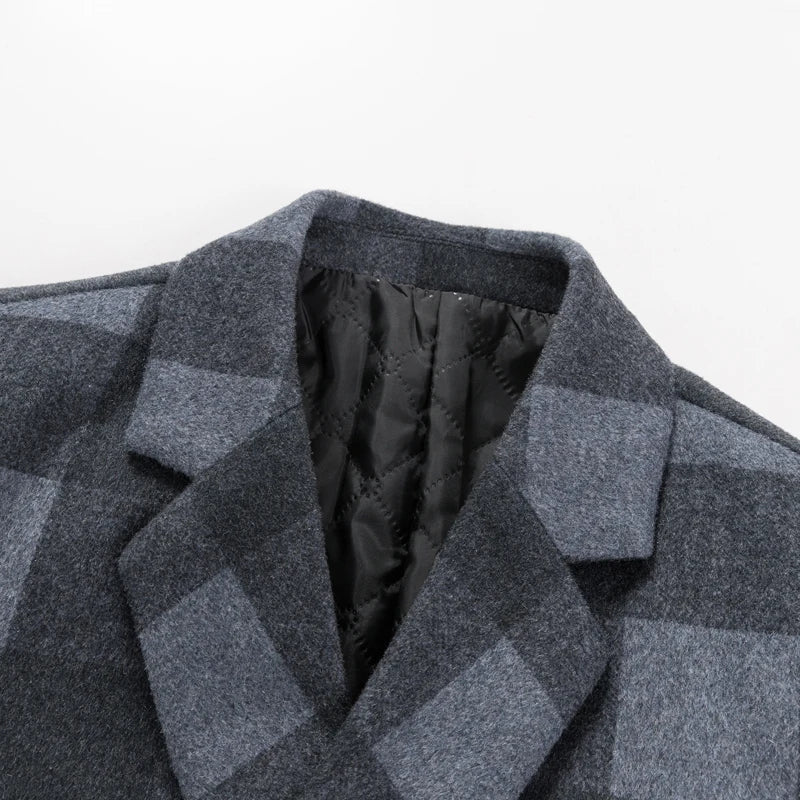 Men's Plaid Overcoat with Notched Lapels and Quilted Lining