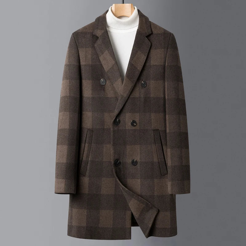 Men's Plaid Overcoat with Notched Lapels and Quilted Lining - Sienna Brown