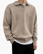 Men's Polo Collar Half-Zip Knit Sweater in Beige or Blue - Beige