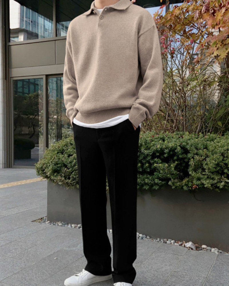 Men's Polo Collar Half-Zip Knit Sweater in Beige or Blue
