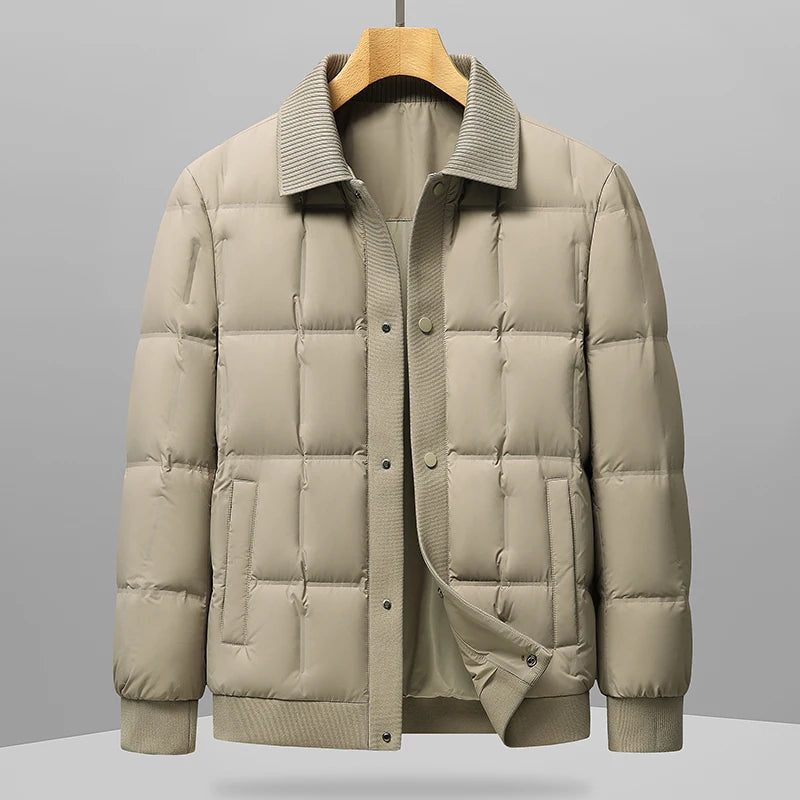 Men's Quilted Puffer Jacket with Ribbed Knit Collar - Khaki