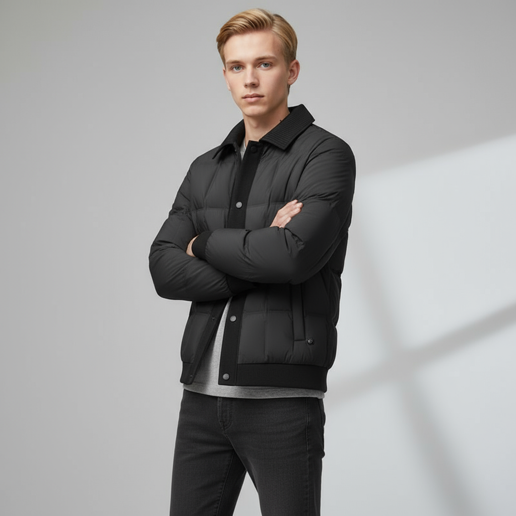 Men's Quilted Puffer Jacket with Ribbed Knit Collar