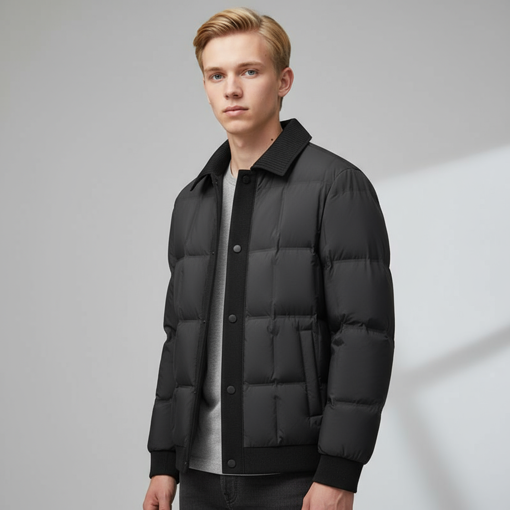 Men's Quilted Puffer Jacket with Ribbed Knit Collar