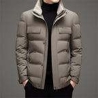 Men's Quilted Puffer Jacket with Sherpa-Lined Stand Collar - Khaki