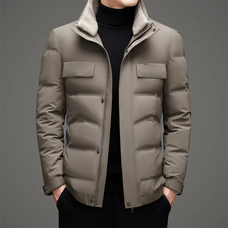 Men's Quilted Puffer Jacket with Sherpa-Lined Stand Collar - Khaki