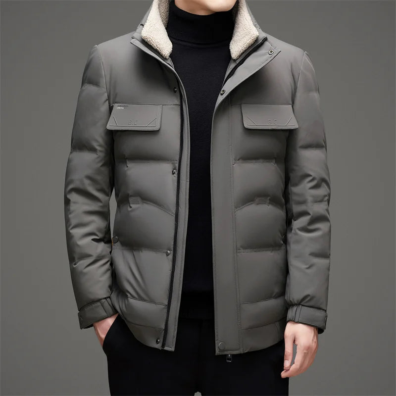 Men's Quilted Puffer Jacket with Sherpa-Lined Stand Collar - Slate Gray