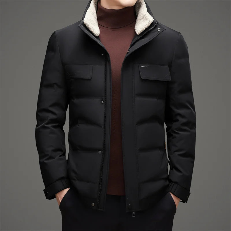 Men's Quilted Puffer Jacket with Sherpa-Lined Stand Collar - Charcoal