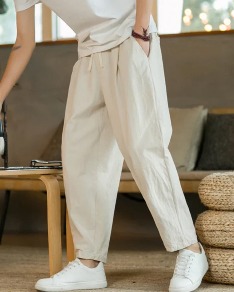 Men's Relaxed Drawstring Trousers with Tapered Leg - Beige