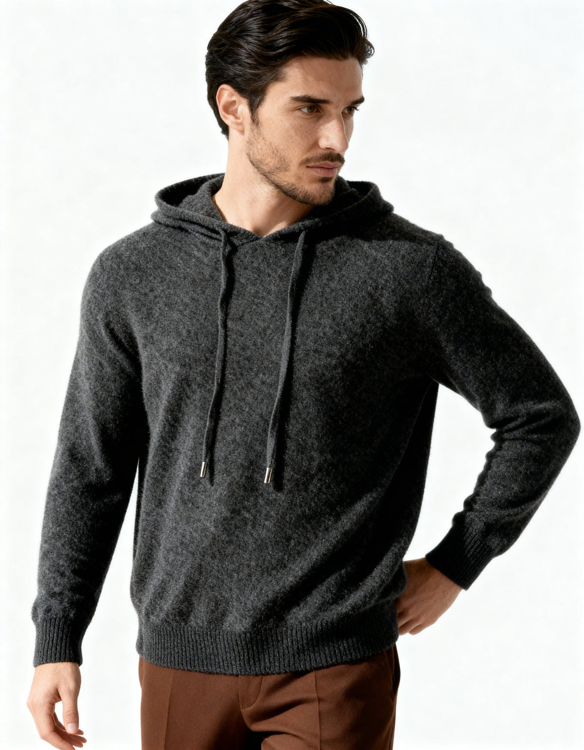 Men's Relaxed Fine-Knit Hoodie with Drawstring Hood - Dark Gray