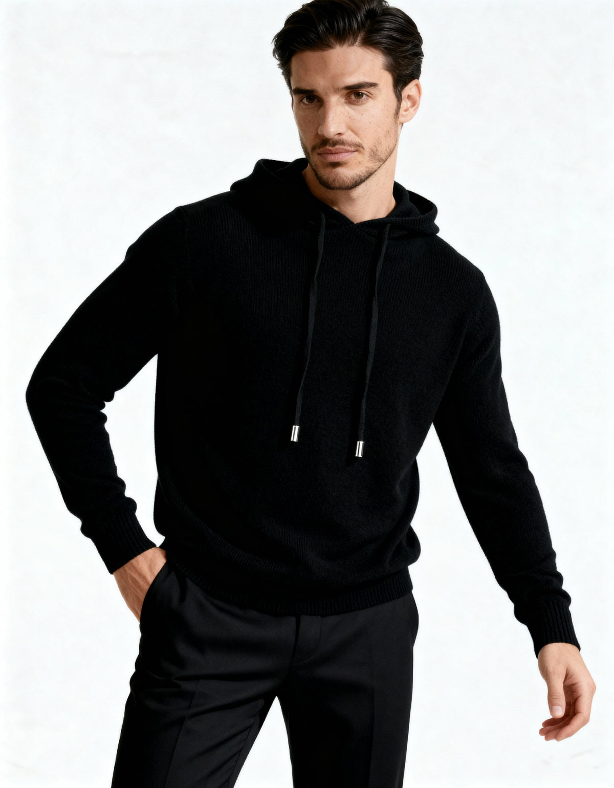 Men's Relaxed Fine-Knit Hoodie with Drawstring Hood - Black