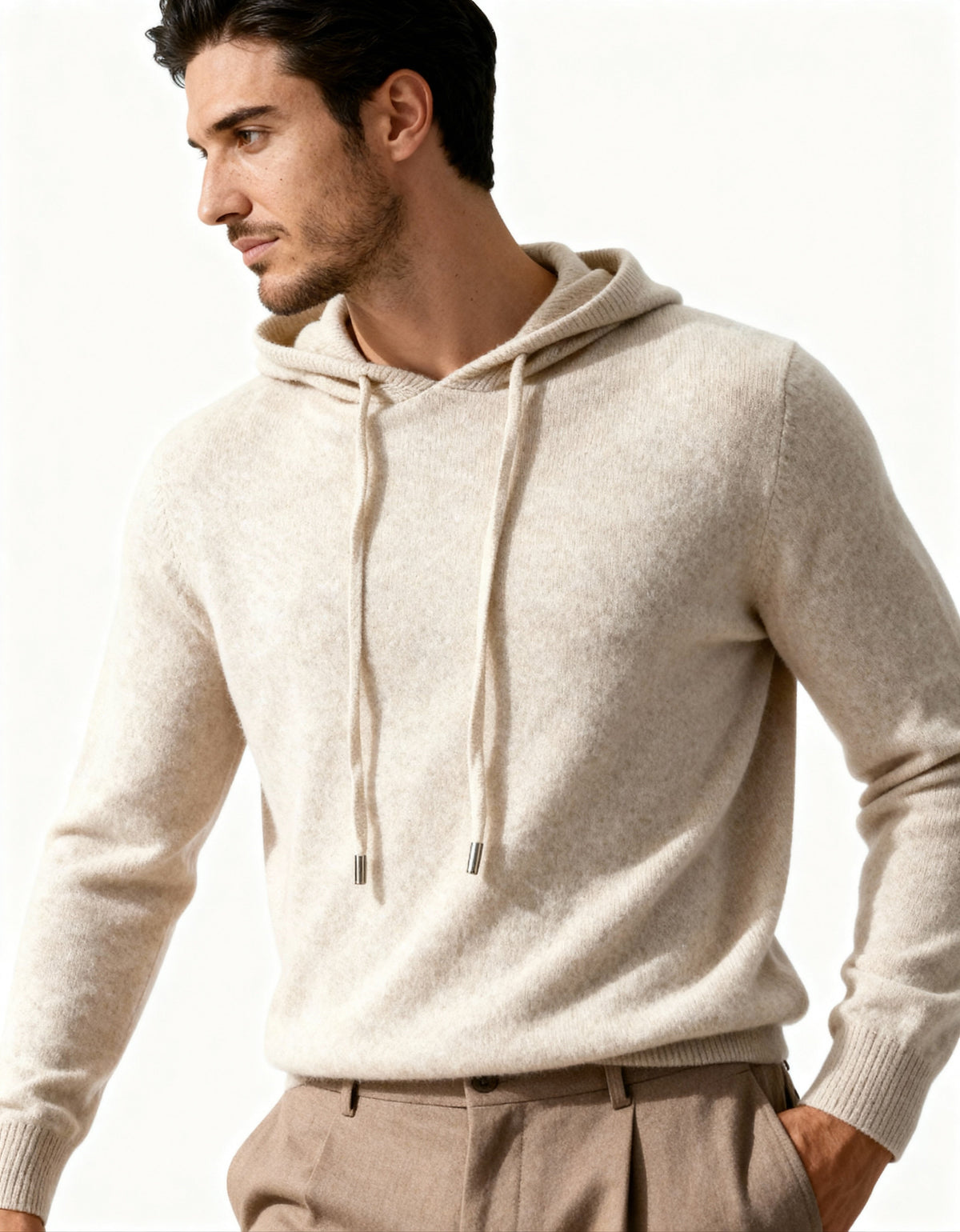 Men's Relaxed Fine-Knit Hoodie with Drawstring Hood - Beige