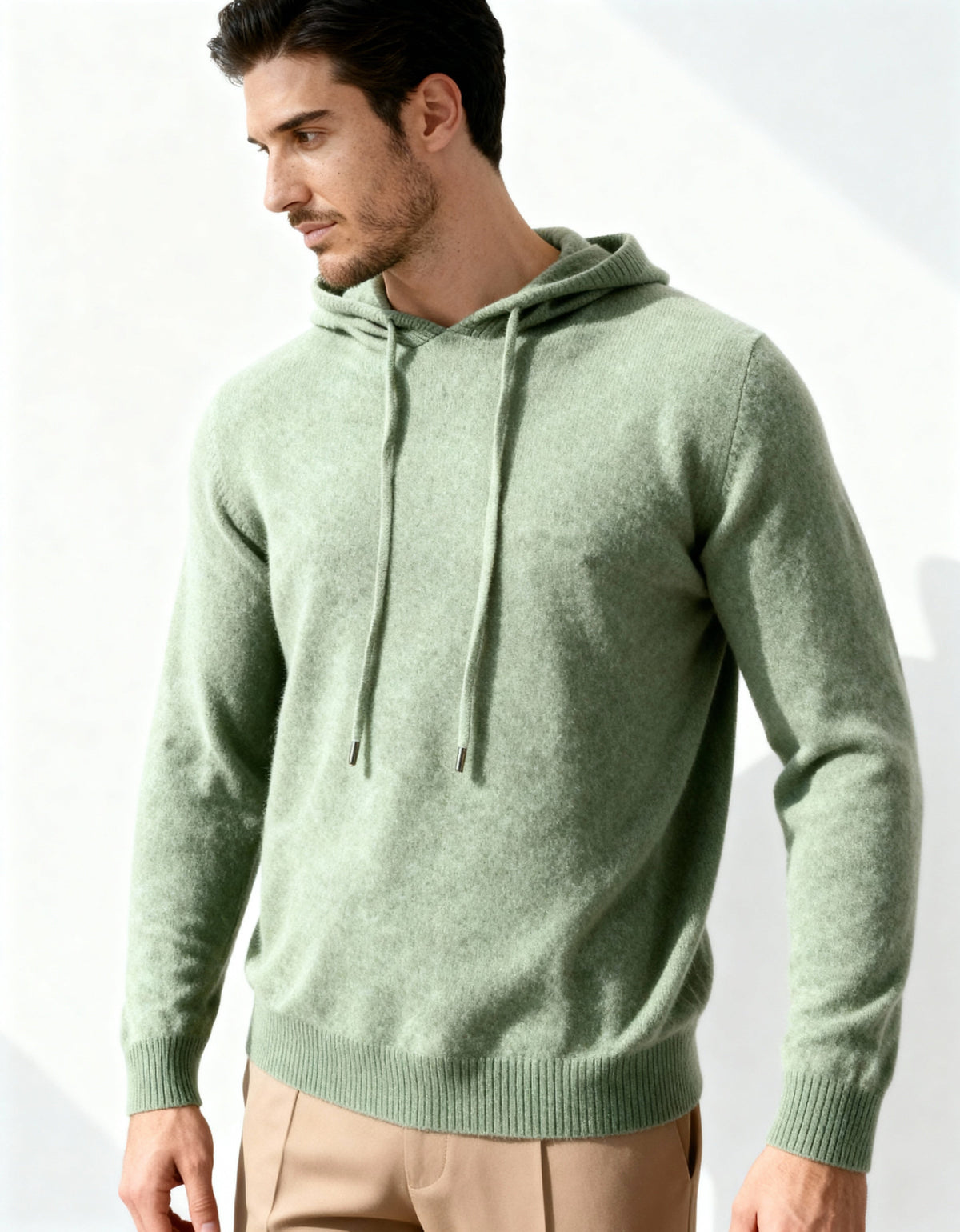 Men's Relaxed Fine-Knit Hoodie with Drawstring Hood - Green