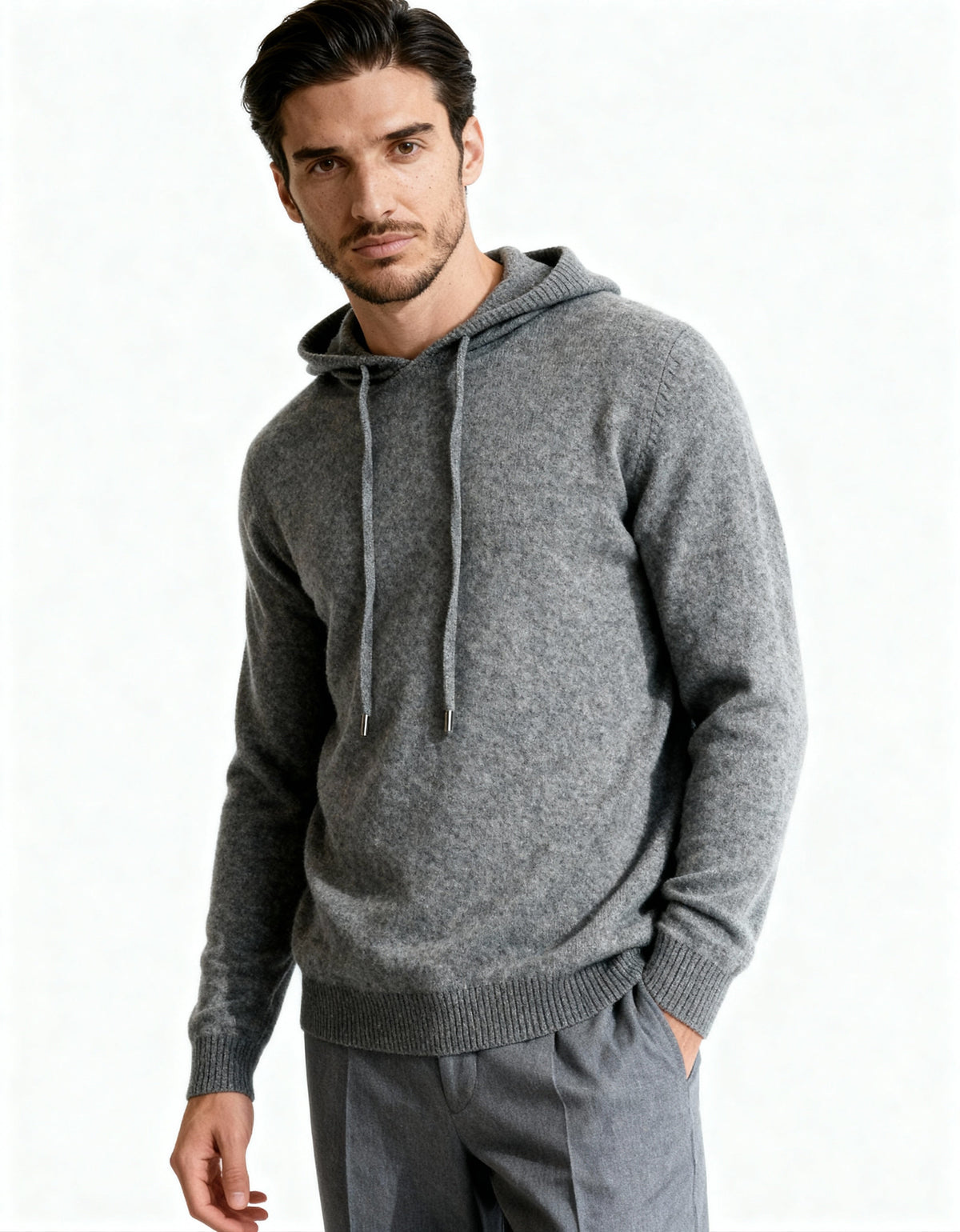 Men's Relaxed Fine-Knit Hoodie with Drawstring Hood - Gray