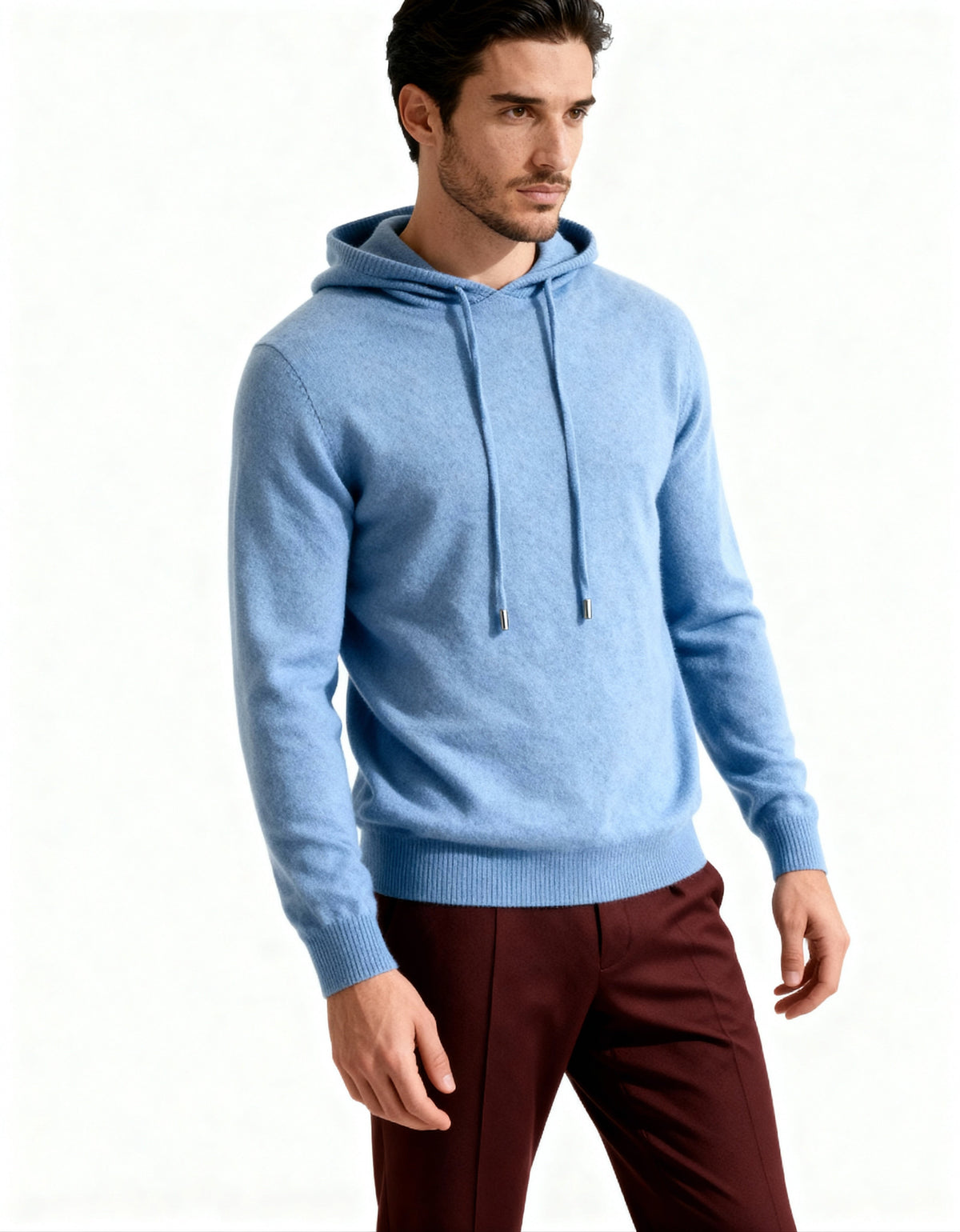 Men's Relaxed Fine-Knit Hoodie with Drawstring Hood - Blue