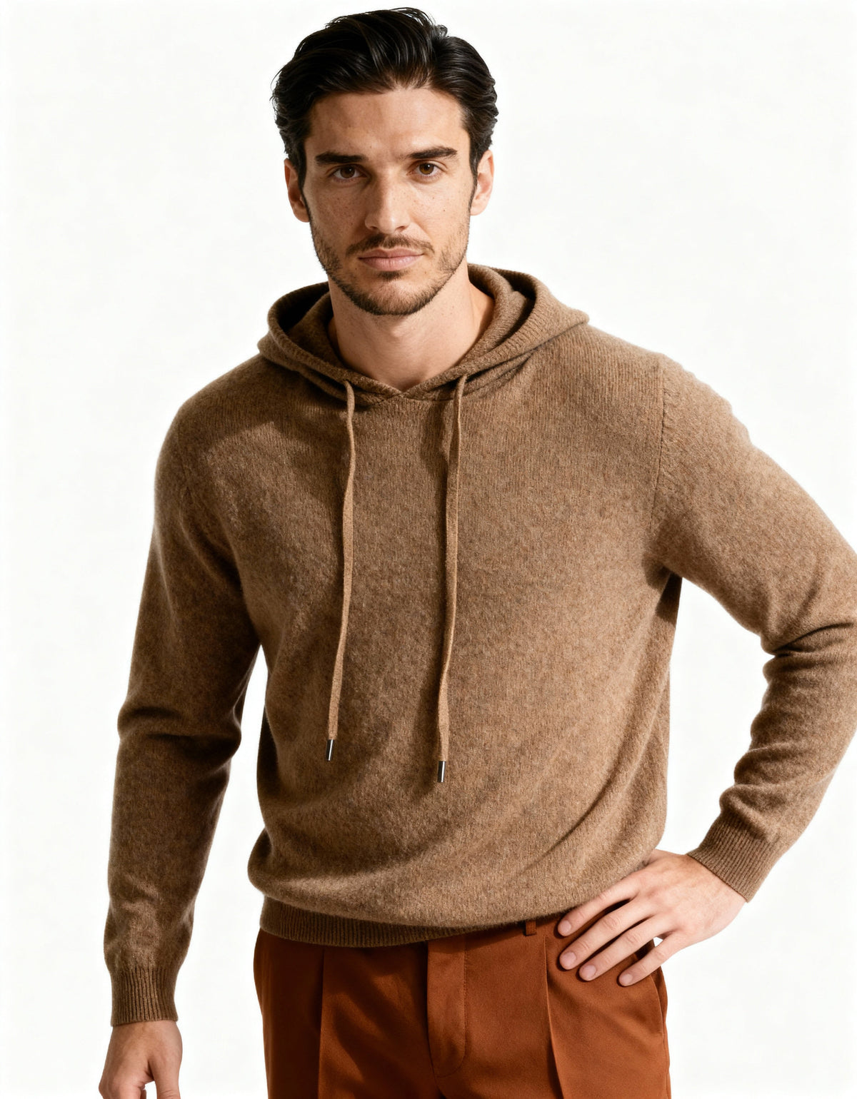 Men's Relaxed Fine-Knit Hoodie with Drawstring Hood - Brown