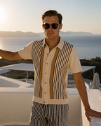 Men's Retro Stripe Knit Polo with Button-Through Front