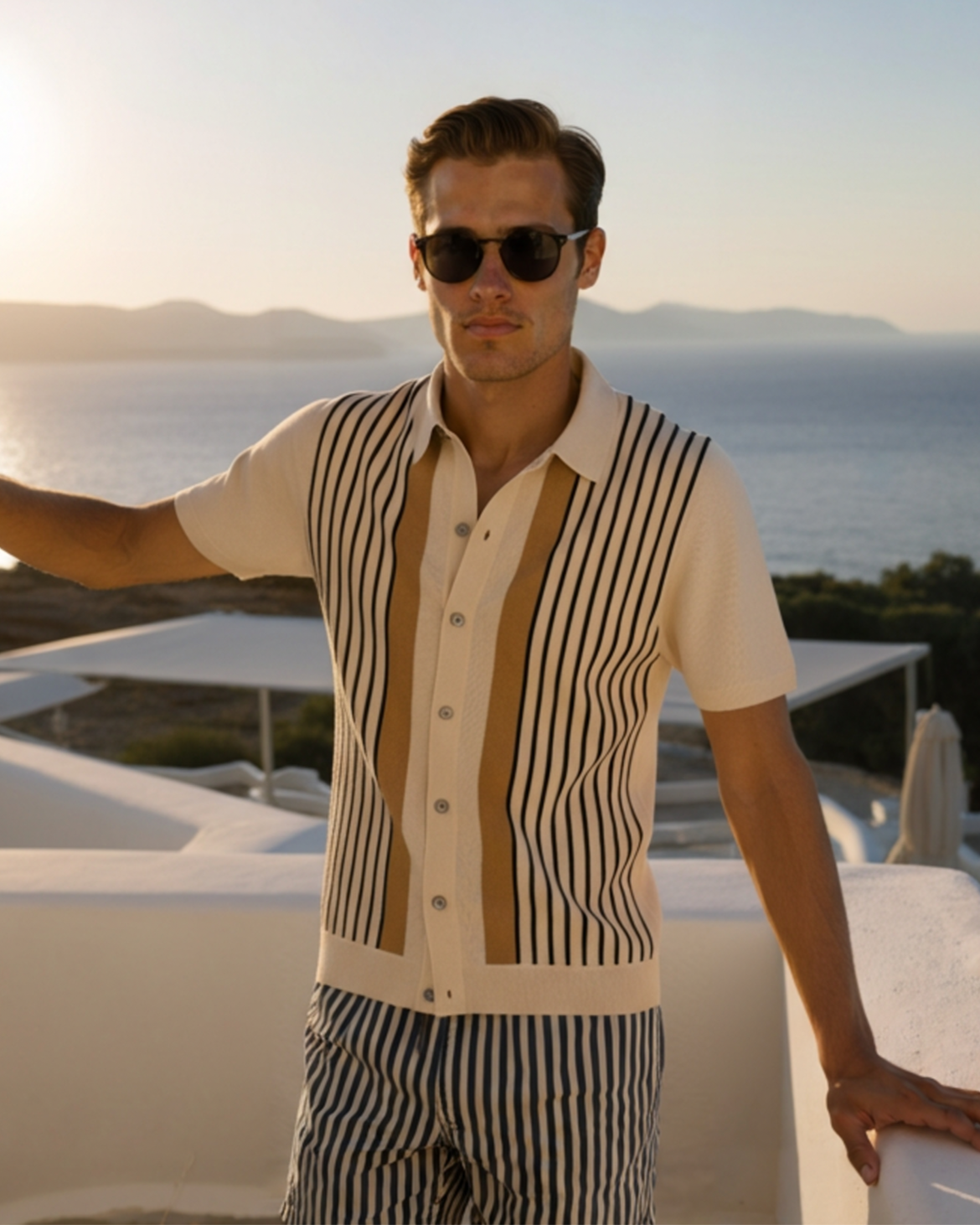 Men's Retro Stripe Knit Polo with Button-Through Front