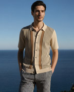 Men's Retro Stripe Knit Polo with Button-Through Front