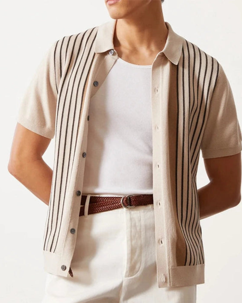 Men's Retro Stripe Knit Polo with Button-Through Front