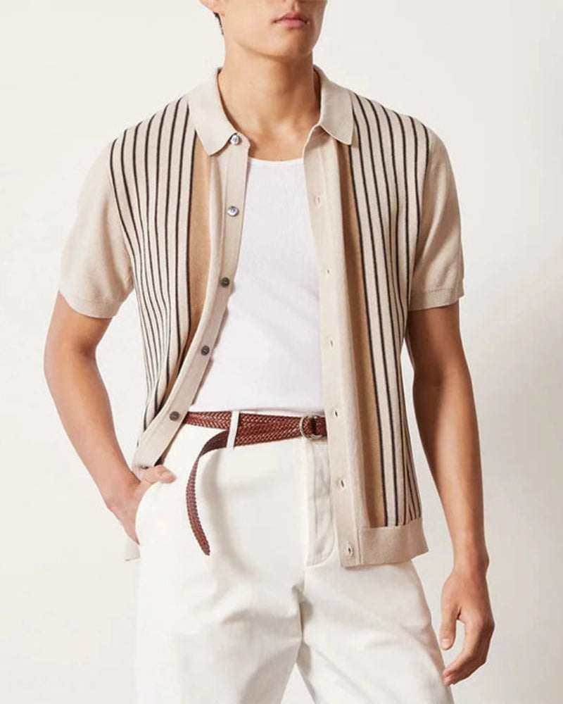 Men's Retro Stripe Knit Polo with Button-Through Front