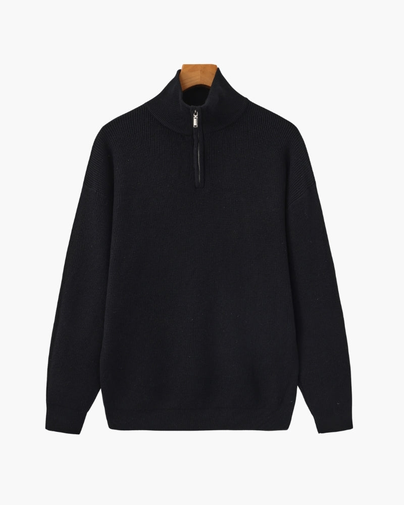 Men's Ribbed Half-Zip Pullover with Tailored Fit - Black