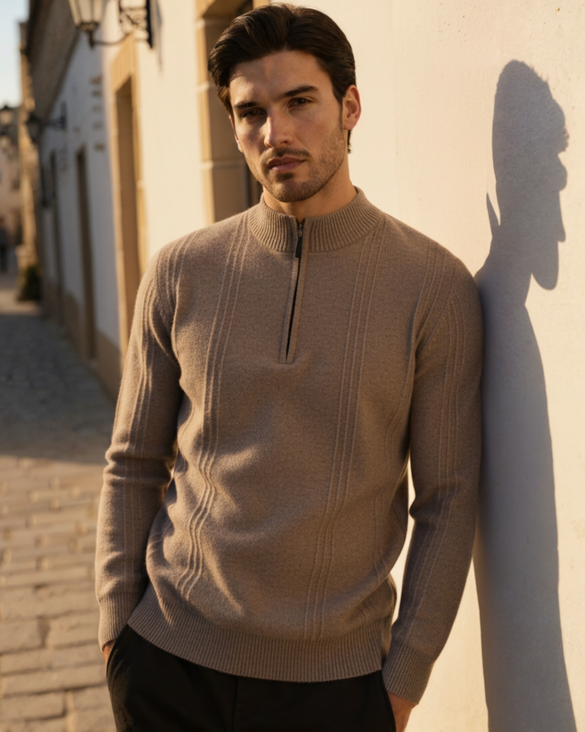 Men's Ribbed Knit Half-Zip Sweater with Stand Collar