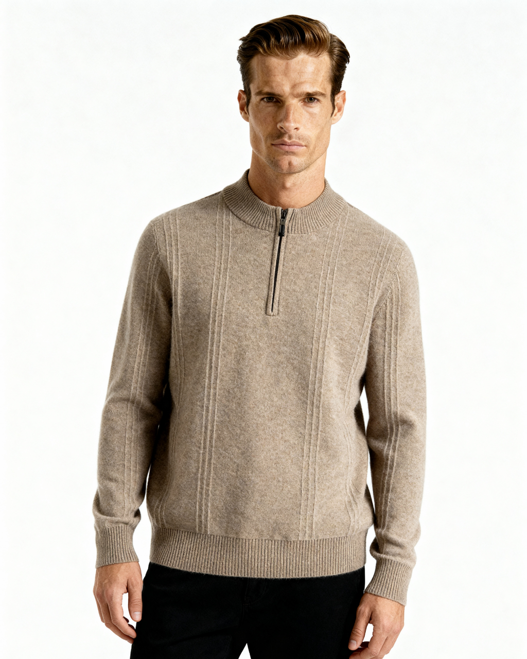 Men's Ribbed Knit Half-Zip Sweater with Stand Collar