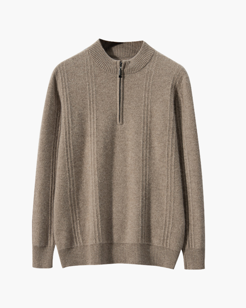 Men's Ribbed Knit Half-Zip Sweater with Stand Collar - Beige