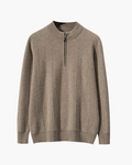 Men's Ribbed Knit Half-Zip Sweater with Stand Collar - Beige
