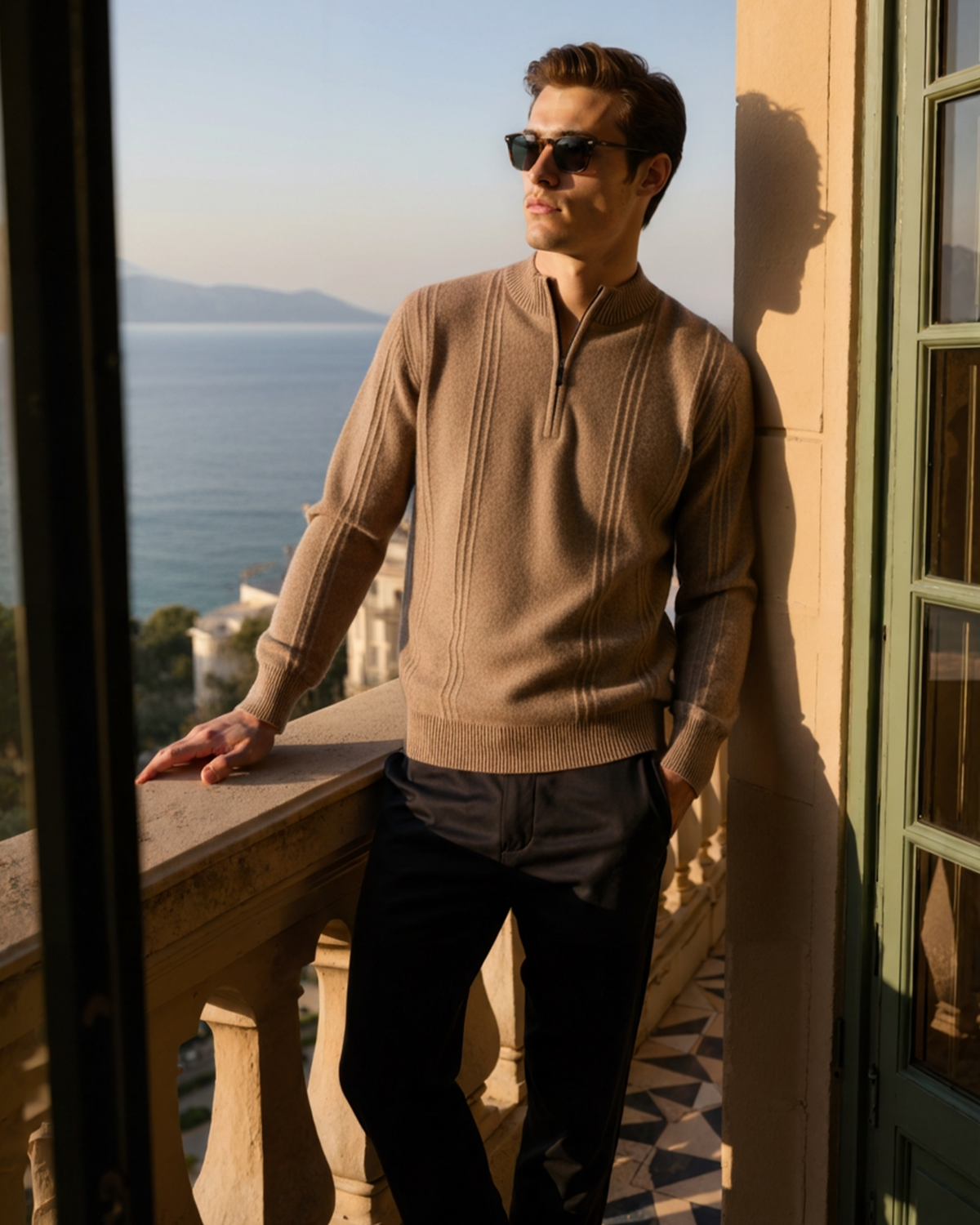 Men's Ribbed Knit Half-Zip Sweater with Stand Collar