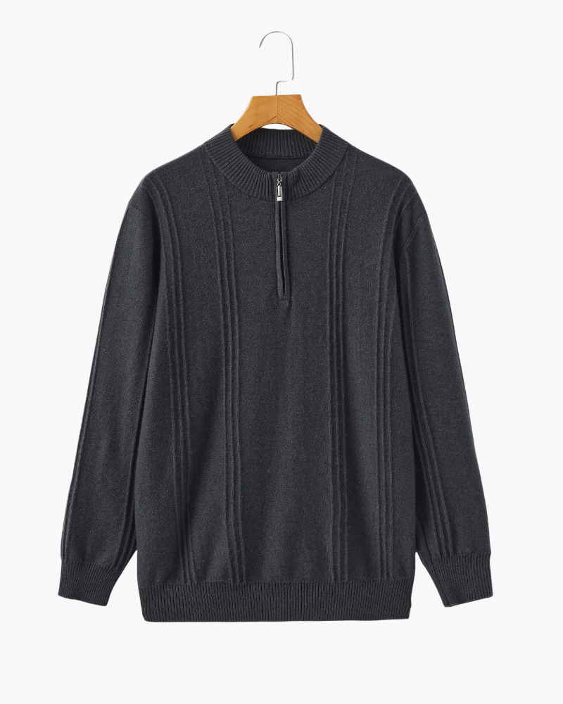 Men's Ribbed Knit Half-Zip Sweater with Stand Collar - Dark Gray