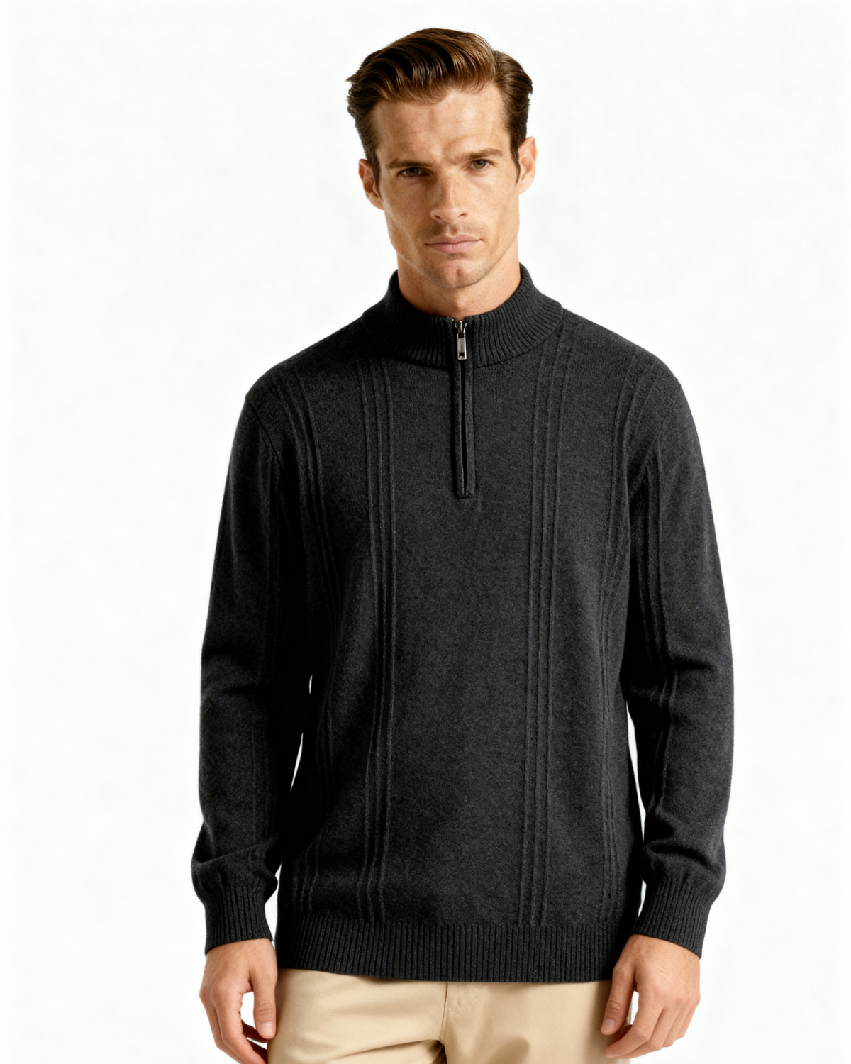 Men's Ribbed Knit Half-Zip Sweater with Stand Collar