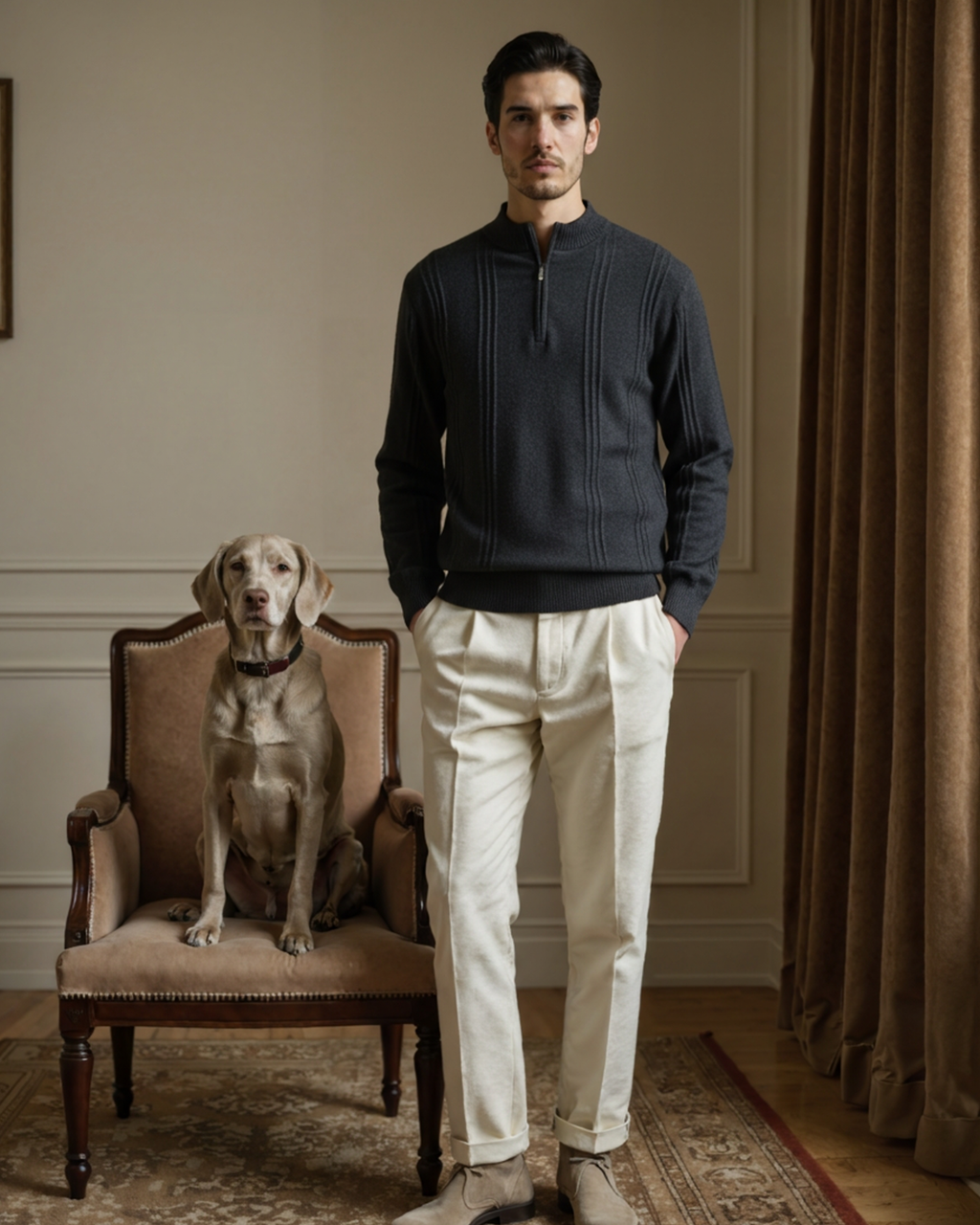 Men's Ribbed Knit Half-Zip Sweater with Stand Collar