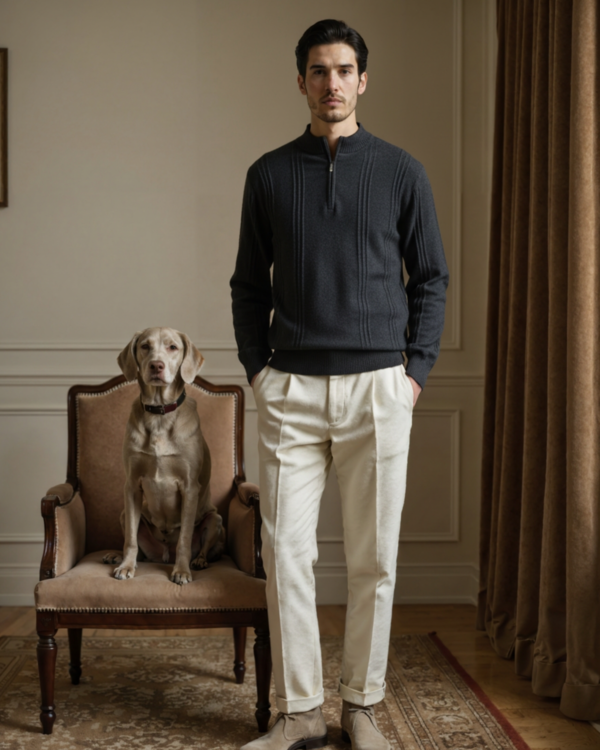 Men's Ribbed Knit Half-Zip Sweater with Stand Collar