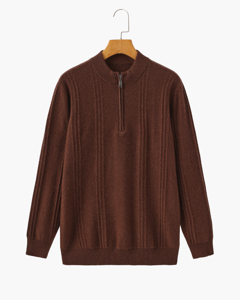 Men's Ribbed Knit Half-Zip Sweater with Stand Collar - Brown