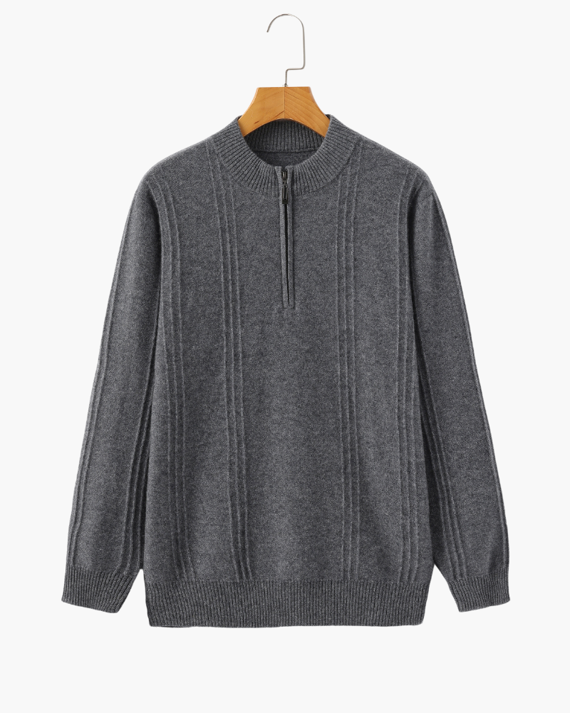 Men's Ribbed Knit Half-Zip Sweater with Stand Collar - Gray