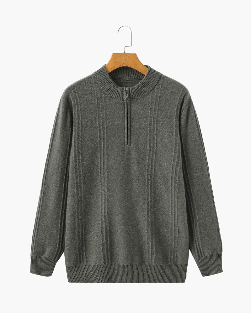 Men's Ribbed Knit Half-Zip Sweater with Stand Collar - Olive Green