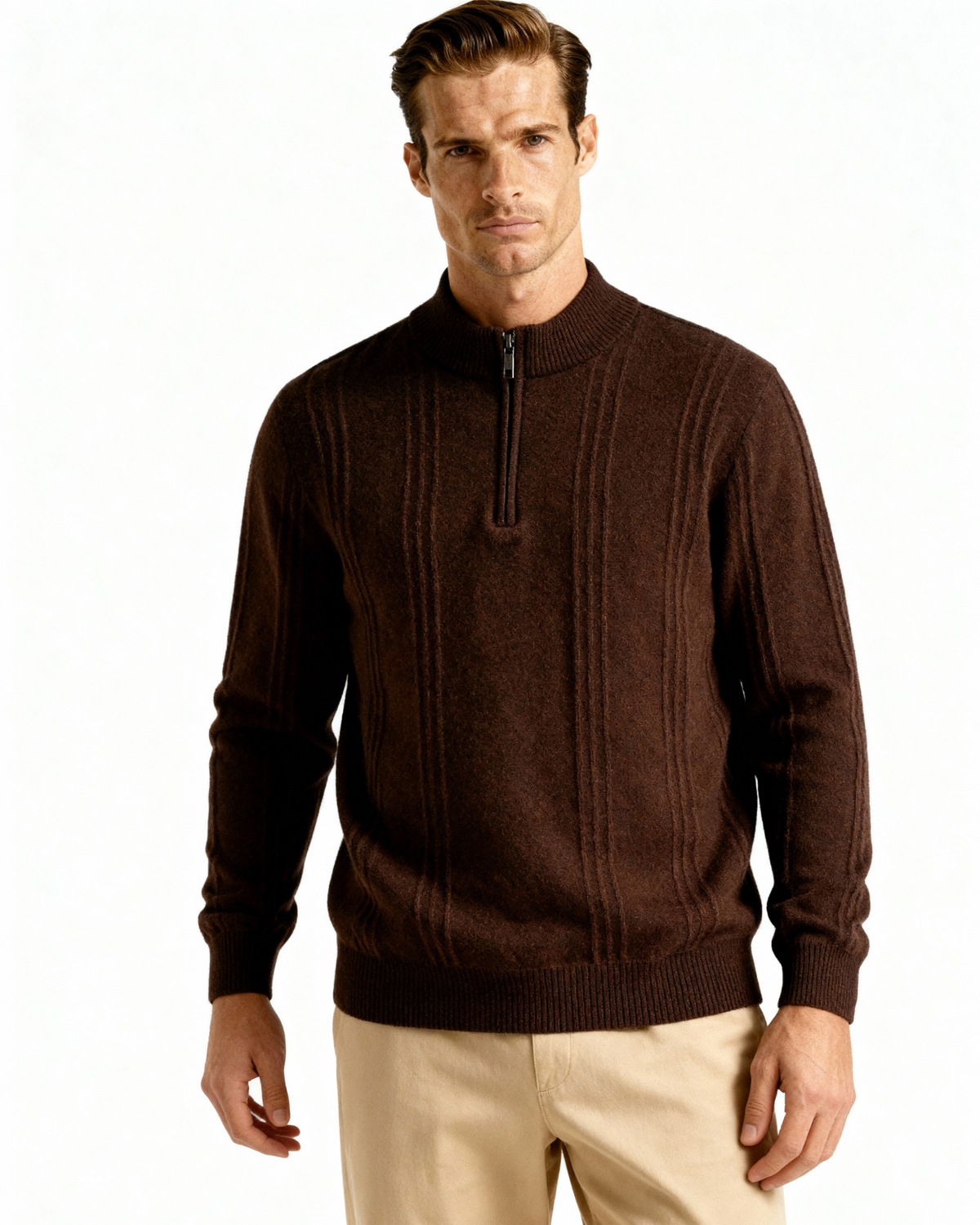 Men's Ribbed Knit Half-Zip Sweater with Stand Collar