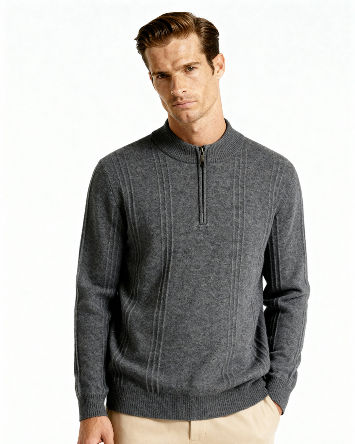 Men's Ribbed Knit Half-Zip Sweater with Stand Collar